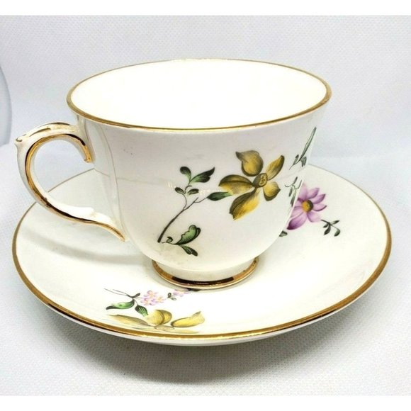 Fine Bone China Crown Staffordshire England Violet Purple Yellow Floral Gold Tri - Picture 2 of 12